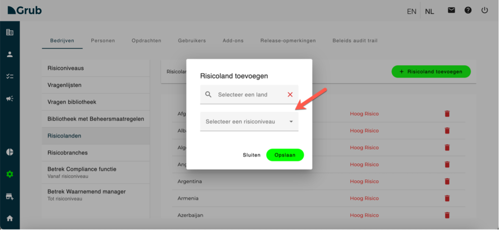 Hoe voeg ik een risicoland toe in Grub wwft?